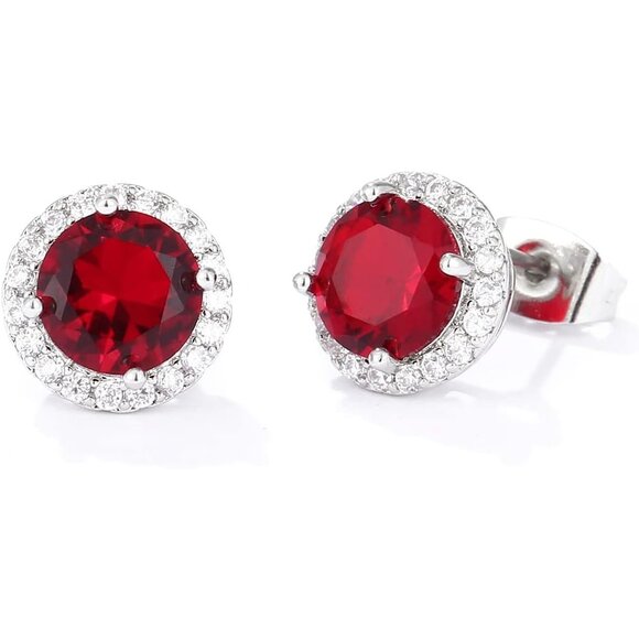 Women's Round Red Birthstone Elegant Mall Dainty Halo Cubic Zirconia Earring - Picture 5 of 6